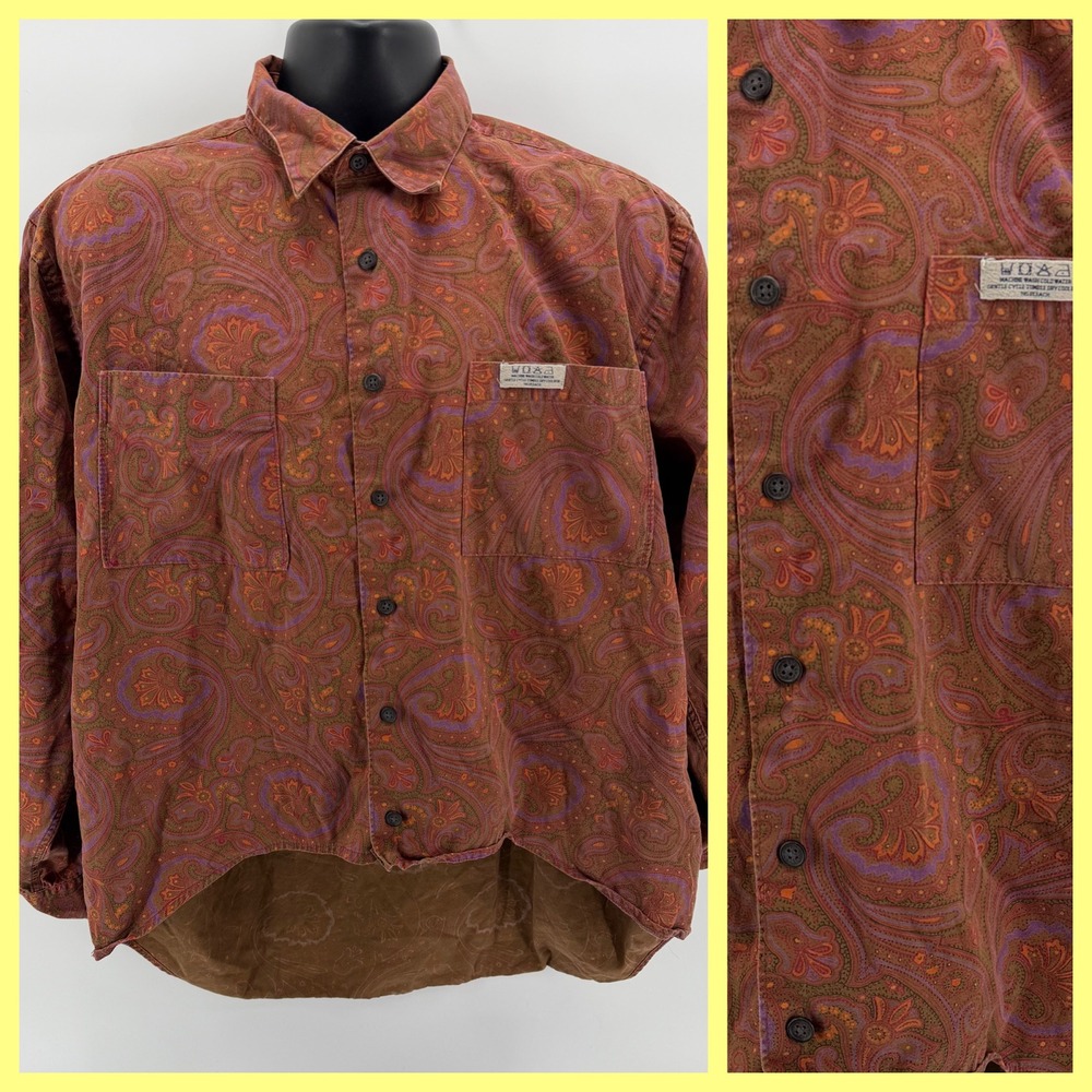 Vintage 90s WHY THIS? Paisley Shirt‎ Mens XL Cotton Long Sleeve Earth Tone Retro